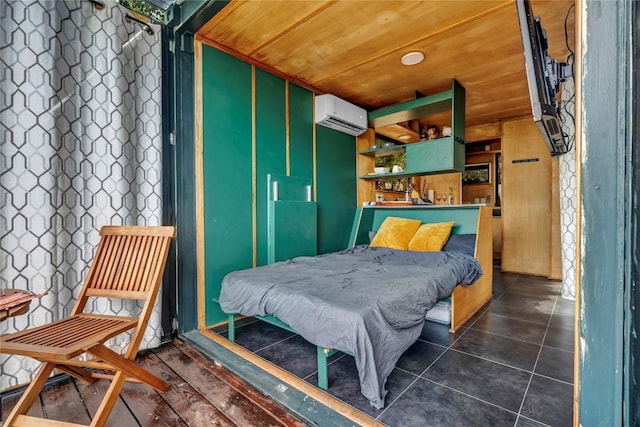 tiled bedroom featuring wood ceiling and a wall unit AC