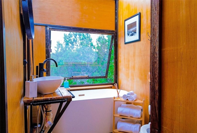 bathroom with sink and wooden walls