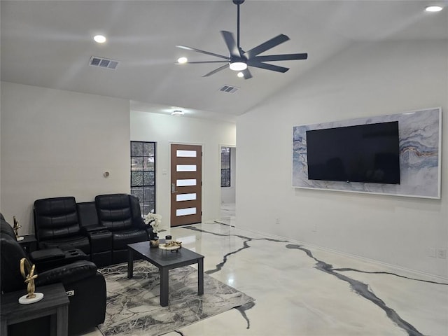 11806 Prairie Hen Ln, Austin, TX 78758 - living room featuring ceiling fan, lofted ceiling, and recessed lighting