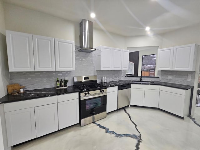 11806 Prairie Hen Ln, Austin, TX 78758 - kitchen with stainless steel appliances, wall chimney range hood, finished concrete flooring, backsplash, and white cabinetry