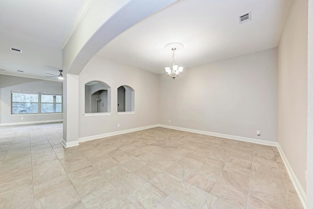 empty room featuring ceiling fan with notable chandelier and ornamental molding