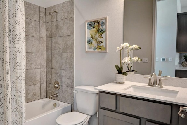 full bathroom with vanity, toilet, and shower / bathtub combination with curtain