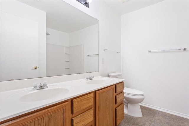 bathroom featuring walk in shower, tile patterned flooring, vanity, and toilet