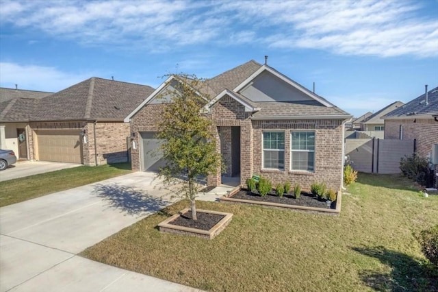 view of front of property with concrete driveway, brick siding, a front yard, and a shingled roof