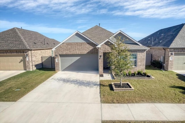 view of front of home with a front yard, concrete driveway, brick siding, and roof with shingles