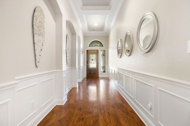 interior space featuring dark hardwood / wood-style flooring and crown molding