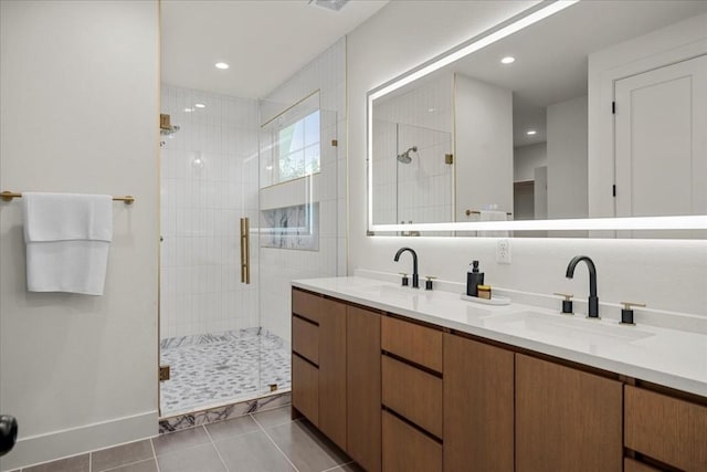 bathroom with tile patterned floors, vanity, and walk in shower