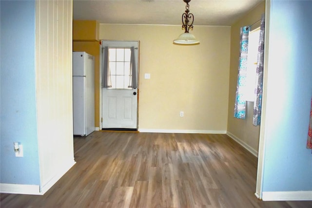 unfurnished dining area featuring wood-type flooring