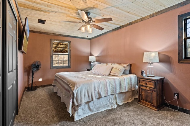 bedroom featuring carpet flooring, ceiling fan, a closet, and wood ceiling