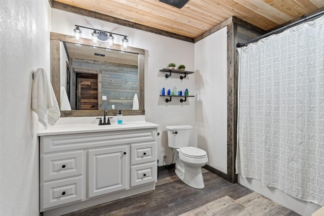 bathroom featuring hardwood / wood-style floors, vanity, toilet, and wood ceiling