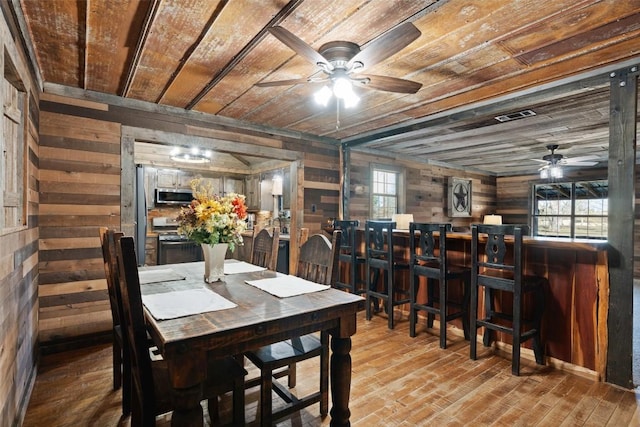 dining space featuring ceiling fan, wooden walls, and wood ceiling