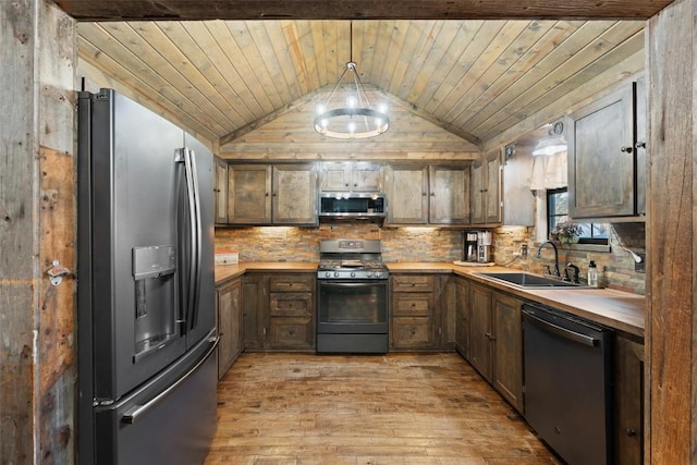 kitchen with wooden ceiling, sink, stainless steel appliances, and lofted ceiling