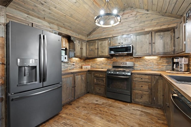 kitchen with lofted ceiling, backsplash, wooden ceiling, hardwood / wood-style flooring, and stainless steel appliances