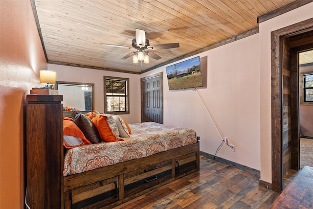 bedroom featuring ceiling fan, dark hardwood / wood-style floors, wooden ceiling, and a closet