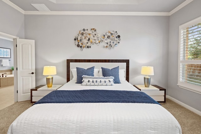 bedroom featuring carpet flooring and crown molding