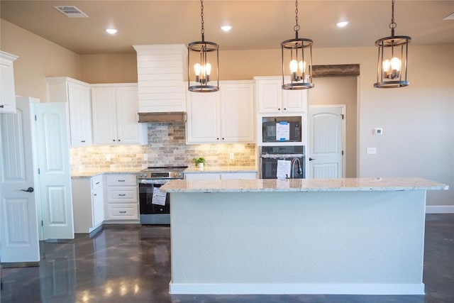 kitchen with white cabinets, oven, stainless steel range with electric cooktop, and an island with sink