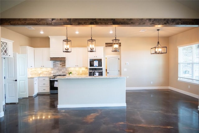 kitchen with decorative backsplash, stainless steel appliances, decorative light fixtures, a center island with sink, and white cabinets