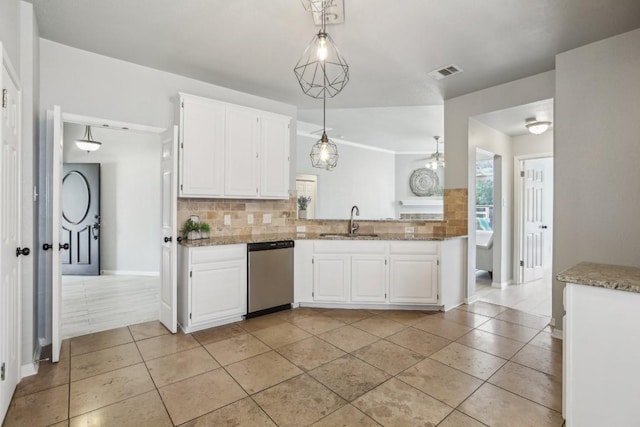 kitchen with sink, tasteful backsplash, hanging light fixtures, stainless steel dishwasher, and white cabinets