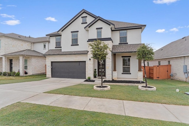 view of front of house featuring a garage and a front lawn