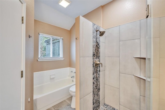 bathroom with tile patterned flooring, toilet, and plus walk in shower