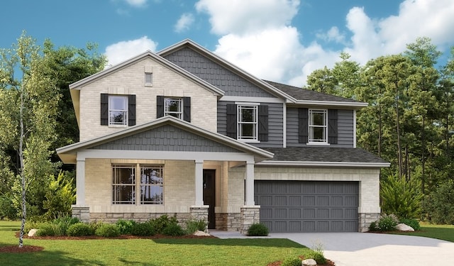 craftsman inspired home with a front yard and a garage