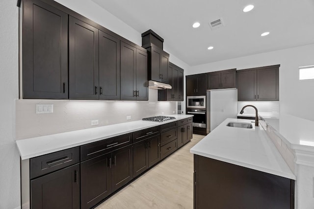 kitchen featuring backsplash, sink, light wood-type flooring, dark brown cabinets, and stainless steel appliances