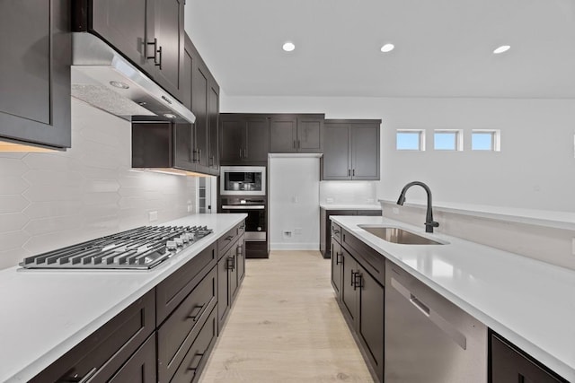 kitchen featuring appliances with stainless steel finishes, tasteful backsplash, dark brown cabinetry, sink, and light hardwood / wood-style floors