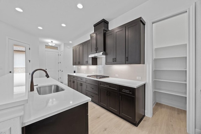 kitchen featuring backsplash, light hardwood / wood-style floors, stainless steel gas stovetop, and sink