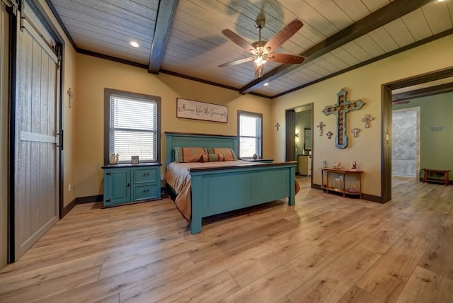 bedroom featuring multiple windows, ceiling fan, light hardwood / wood-style flooring, and wooden ceiling