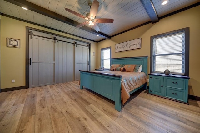 bedroom with ceiling fan, light hardwood / wood-style floors, wood ceiling, and beam ceiling