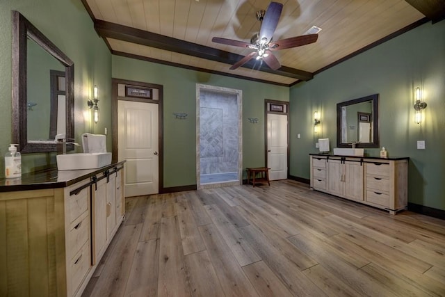 unfurnished bedroom featuring beam ceiling, wooden ceiling, and light wood-type flooring