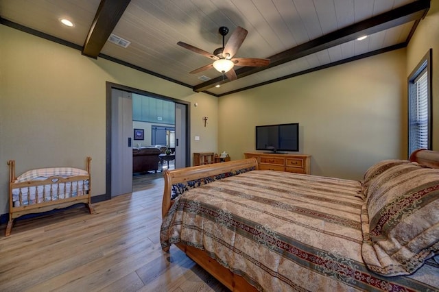 bedroom with ceiling fan, beam ceiling, light wood-type flooring, and wood ceiling