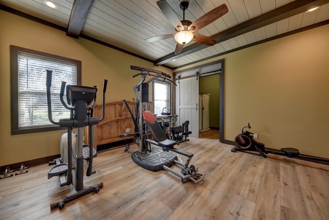 exercise room featuring light hardwood / wood-style floors, ceiling fan, and wood ceiling