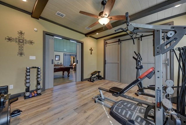 workout area with light wood-type flooring, wood ceiling, ceiling fan, and pool table