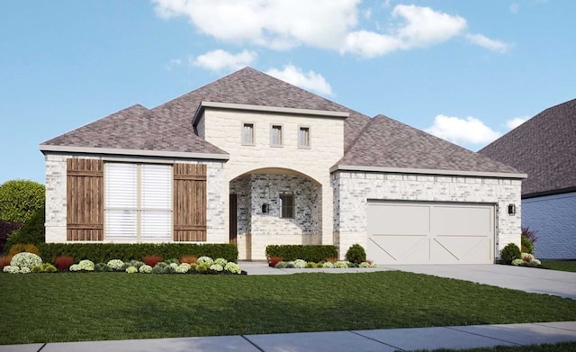 french country home featuring brick siding, a garage, roof with shingles, a front yard, and concrete driveway