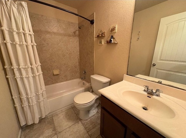 full bathroom featuring vanity, shower / tub combo, and toilet