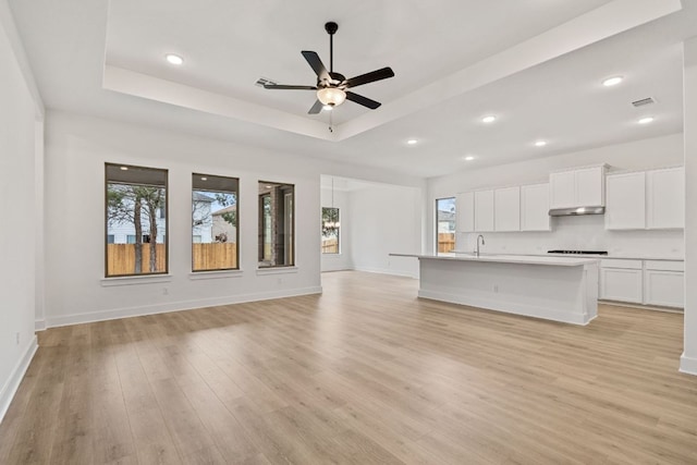 1701 Sauterne Dr, Leander, TX 78641 - unfurnished living room with a tray ceiling, plenty of natural light, a ceiling fan, and light wood-type flooring