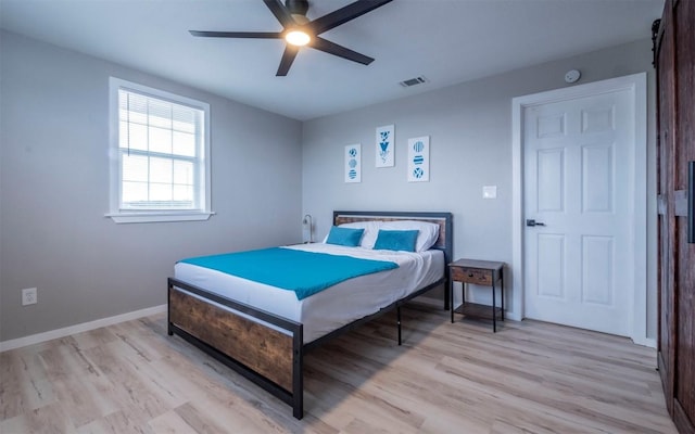 bedroom with light hardwood / wood-style flooring and ceiling fan