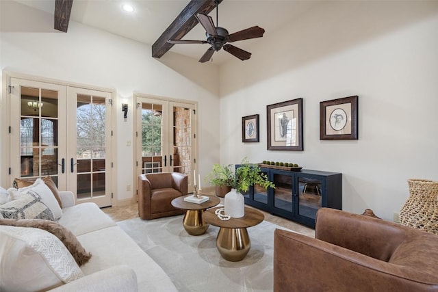 living room featuring beam ceiling, ceiling fan, and french doors