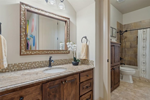 full bathroom with decorative backsplash, shower / bath combination with curtain, vanity, and toilet