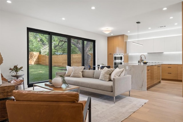 living room featuring sink and light hardwood / wood-style flooring