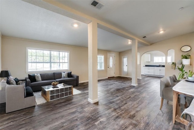 living room featuring arched walkways, visible vents, baseboards, wood finished floors, and ornate columns