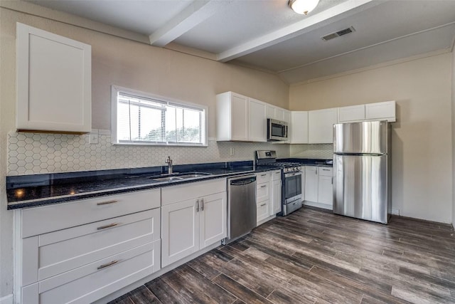 kitchen with tasteful backsplash, visible vents, appliances with stainless steel finishes, white cabinets, and a sink