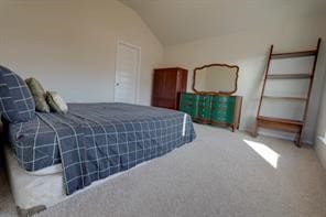 bedroom with lofted ceiling and carpet floors