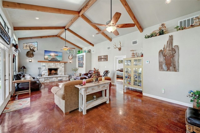 living room featuring beam ceiling, ceiling fan, a fireplace, and high vaulted ceiling