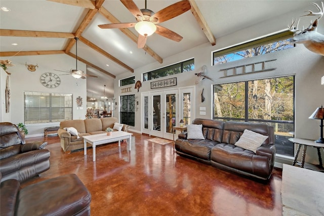 living room with beamed ceiling, french doors, high vaulted ceiling, and concrete floors