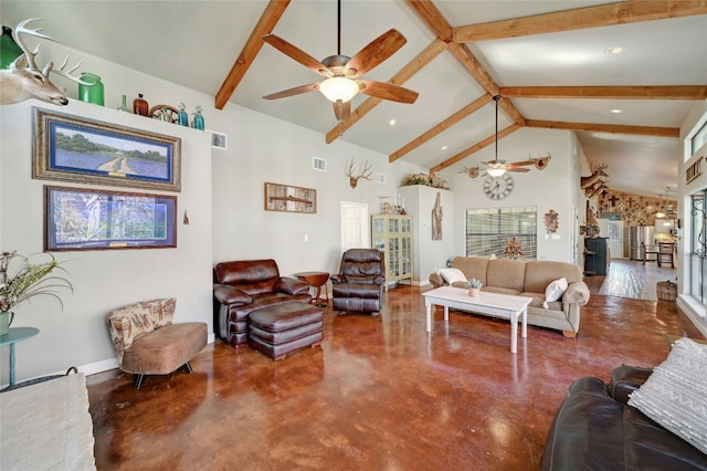 living room with beamed ceiling, concrete floors, high vaulted ceiling, and ceiling fan