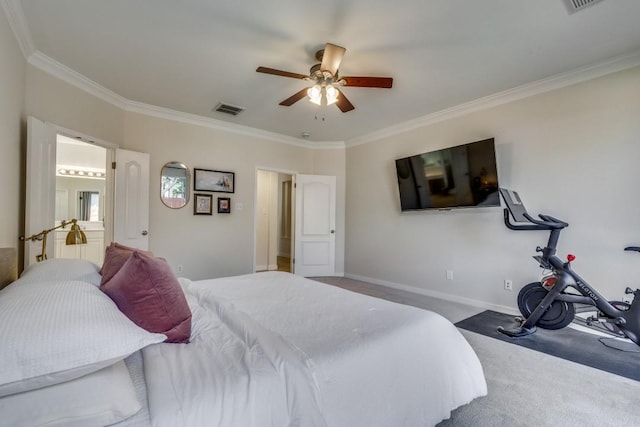 bedroom with carpet floors, ceiling fan, and ornamental molding