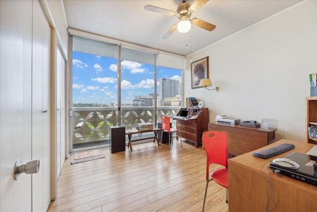 office space featuring light hardwood / wood-style floors, a wall of windows, and ceiling fan