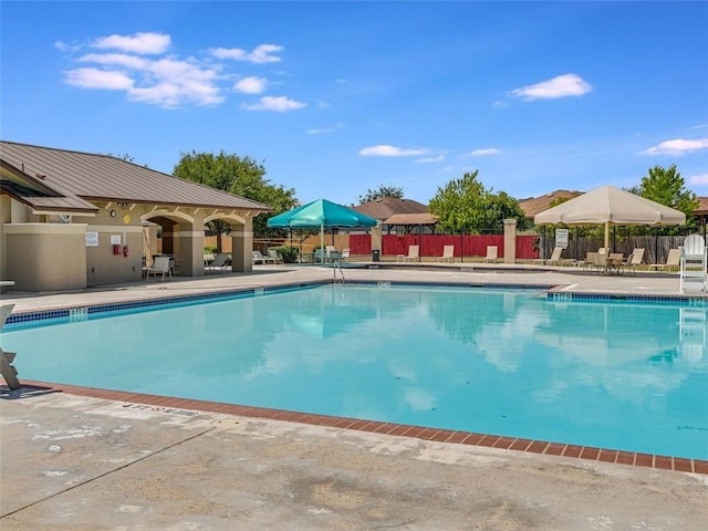 view of swimming pool featuring a patio area